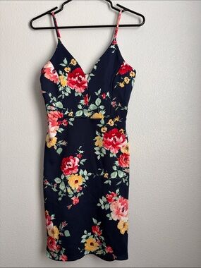 Navy Floral Spaghetti Strap - mid length dress